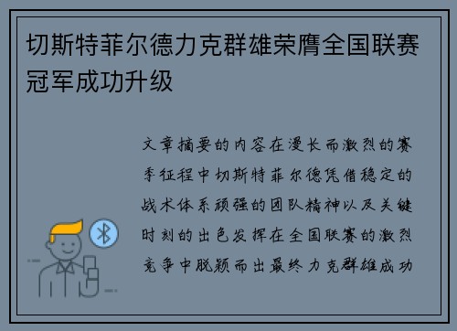 切斯特菲尔德力克群雄荣膺全国联赛冠军成功升级